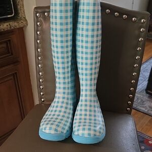 Blue Checkered Women's Rain Boots